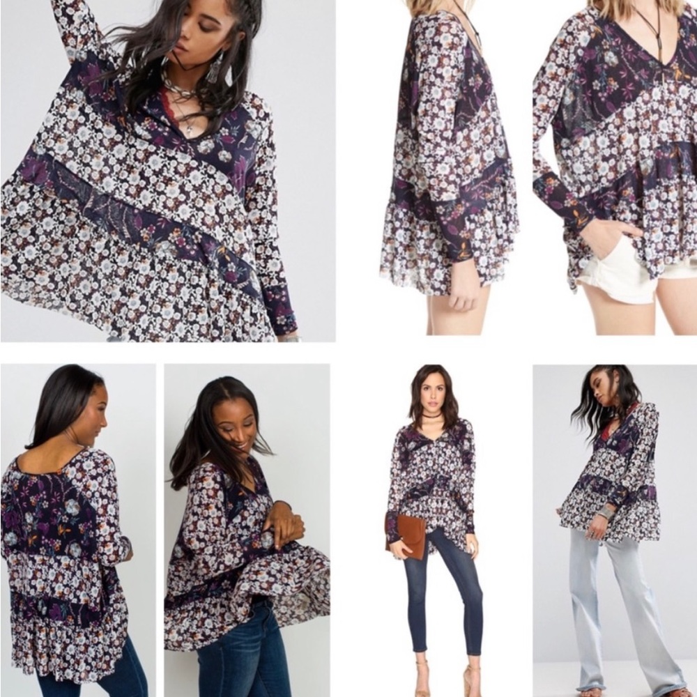 Free People Isabelle Tunic Floral Navy VNeckline Raw Hemline Size Medium M